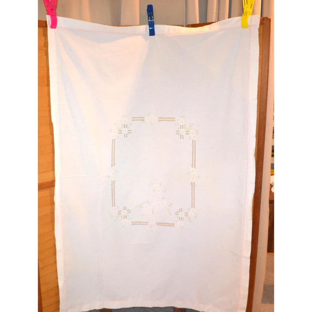 Vintage Tablecloth 1950s Pastels and White on White French Countryside